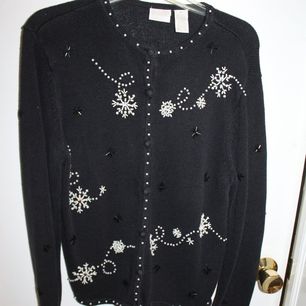 Erika Black Cardigan Beaded snowflakes motif